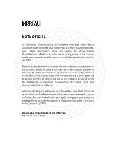 COMISSÃO DO INTERFAU CONFIRMA QUE PRIOR FOI EXPULSO APÓS DENÚNCIAS DE ESTUPROS