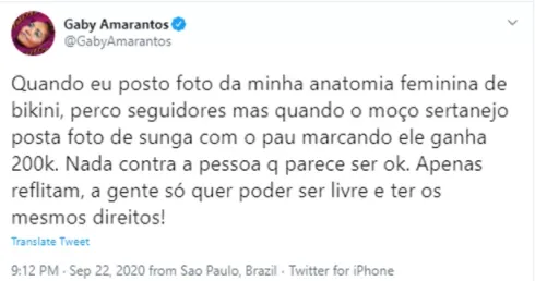 GABY AMARANTOS APONTA MACHISMO EM REPERCUSSÃO DE FOTO DE ZÉ NETO