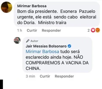 BOLSONARO DESAUTORIZA PAZUELLO SOBRE VACINA CHINESA