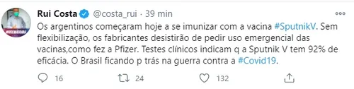 RUI COSTA CRITICA DEMORA DE APROVAÇÃO PARA USO DE VACINAS NO BRASIL