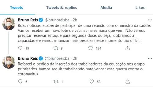 “VAMOS RECEBER UM NOVO LOTE DE VACINAS NA SEMANA QUE VEM”, DIZ BRUNO REIS SOBRE ENCONTRO COM MINISTRO DA SAÚDE