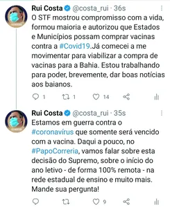RUI COMEMORA AUTORIZAÇÃO DO STF PARA ESTADOS COMPRAREM VACINA