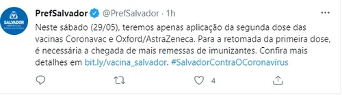 SALVADOR IMUNIZARÁ APENAS SEGUNDAS DOSES NESTE SÁBADO; DOMINGO VACINAÇÃO ESTÁ SUSPENSA