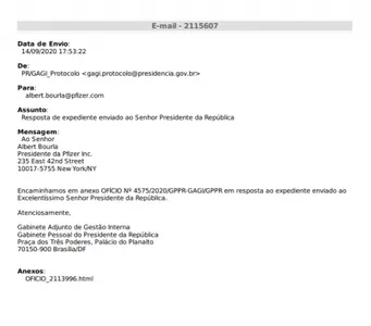 CARTA DA PFIZER CHEGOU AO GABINETE DE BOLSONARO