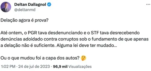 CASO MARIELLE: DALLAGNOL QUESTIONA SE DELAÇÃO PREMIADA PODE SER UTILIZADA COMO PROVA EM INVESTIGAÇÕES