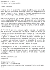 Mensagem inicial do governador Jerônimo Rodrigues (PT), ao presidente da AL-BA, deputado Adolfo Menezes - Créditos: Reprodução/Diário Oficial da AL-BA