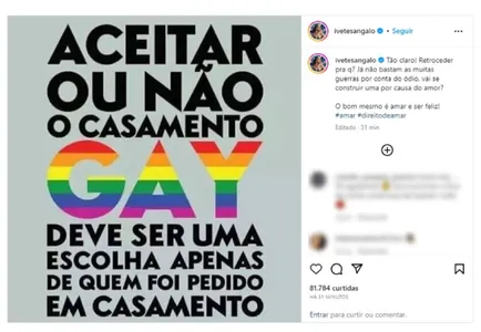 IVETE SANGALO SE PRONUNCIA SOBRE APROVAÇÃO DE PROJETO QUE PROÍBE CASAMENTO GAY: 'RETROCEDER PARA QUÊ?'