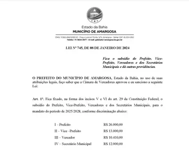AMARGOSA: PREFEITO PUBLICA LEI QUE JÁ AUMENTA SALÁRIO DO SUCESSOR EM 1º DE JANEIRO DE 2025