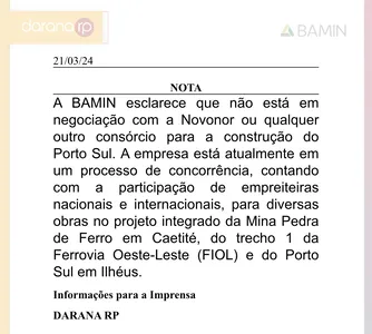 BAMIN DIZ QUE NÃO ESTÁ EM NEGOCIAÇÃO COM A  NOVONOR, MAS CONFIRMA PROCESSO DE CONCORRÊNCIA ENTRE EMPRESAS ( INCLUSIVE A NOVONOR) PARA O PORTO SUL EM ILHÉUS