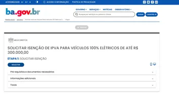 PORTAL BA.GOV.BR TRAZ CANAL PARA REQUERIMENTO DE ISENÇÃO DO IPVA PARA CARROS ELÉTRICOS ATÉ R$ 300 MIL