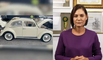 MICHELLE BOLSONARO IRONIZA REVISTA EM FUSCA: ‘DAQUI A POUCO PEDEM PARA ABRIR O PORTA-LUVAS’