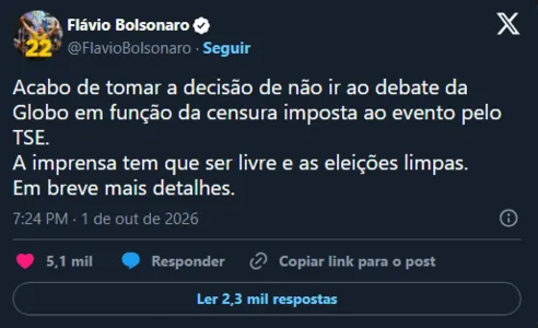 FLÁVIO BOLSONARO DESISTE DE PARTICIPAR DE DEBATE NA TV GLOBO